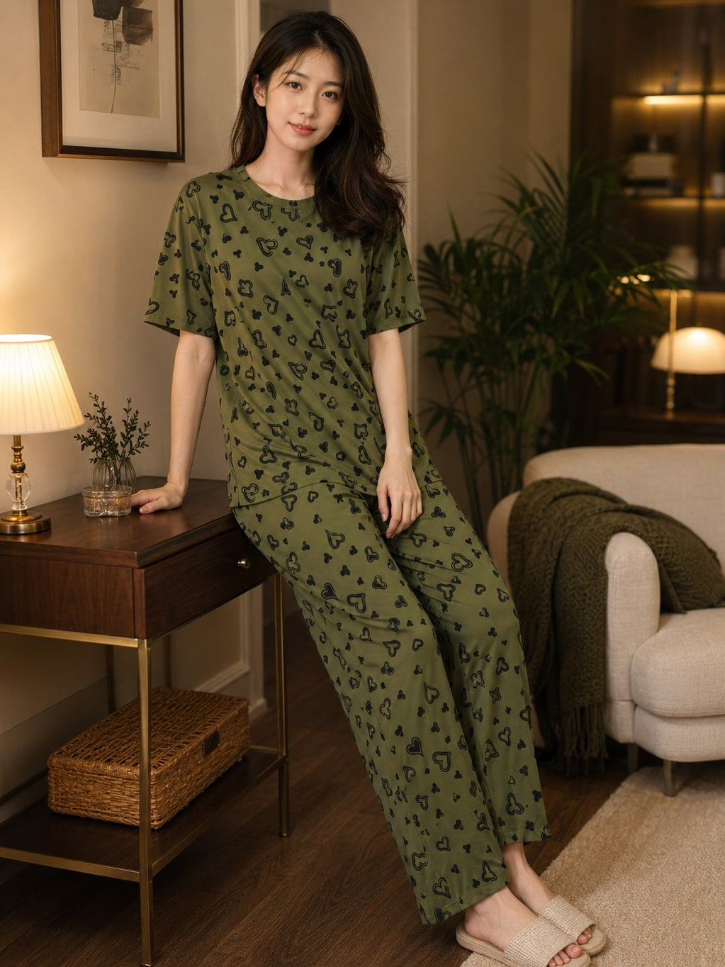 Sketch Heart Pyjama Set – Olive