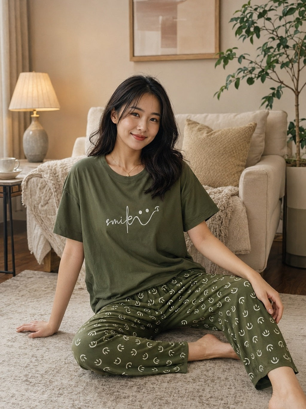 Smile Script Pyjama Set – Olive
