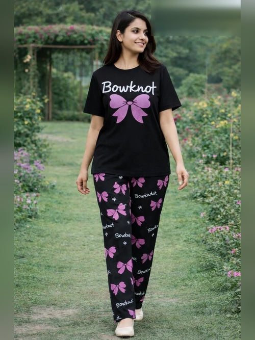 Ladies night suit pyjama set by Aaram Studio – Bowknot Pyjama Set – Black