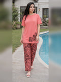 Ladies night suit pyjama set by Aaram Studio – Floral Hem Pyjama Set – Coral