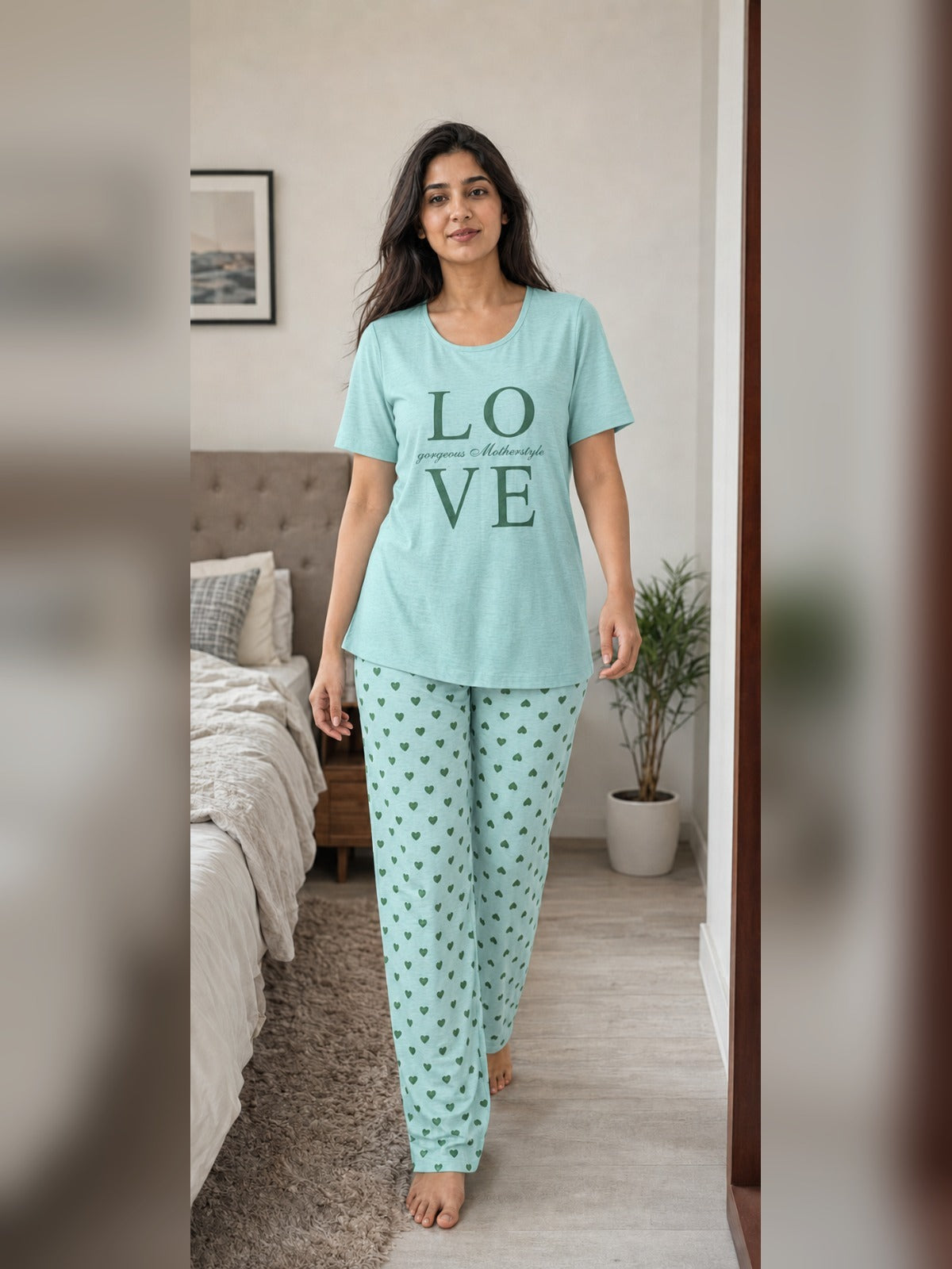 Ladies night suit pyjama set by Aaram Studio – LOVE Pyjama Set – Mint