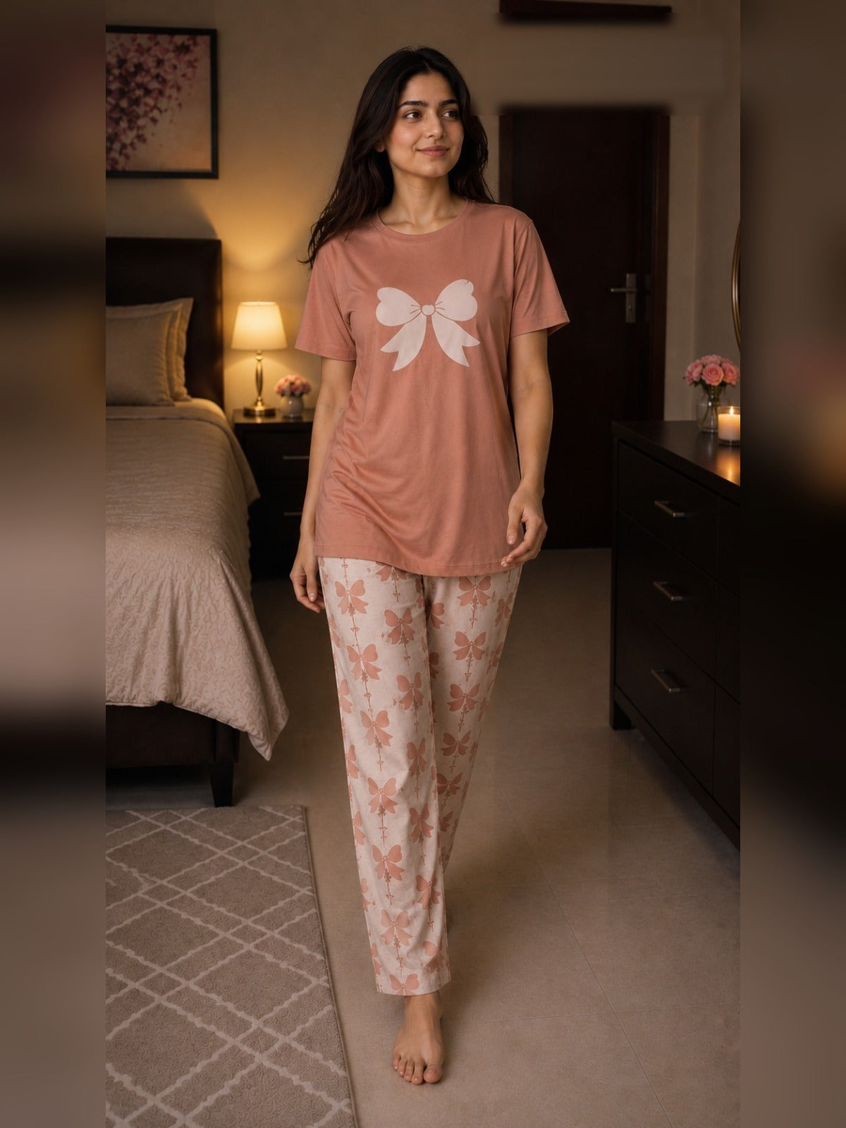 Ladies night suit pyjama set by The Style Studio – Pretty Bow Pyjama Set – Tea Pink
