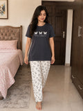 Ladies night suit pyjama set by The Style Studio – Butterfly Script Pyjama Set – Charcoal