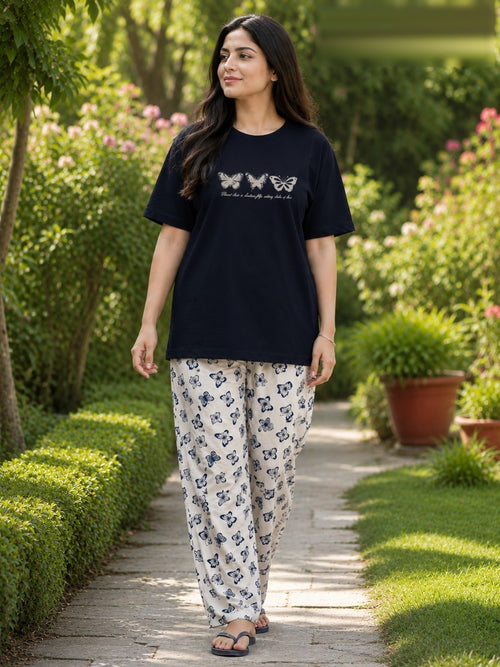 Ladies night suit pyjama set by The Style Studio – Butterfly Garden Pyjama Set – Navy