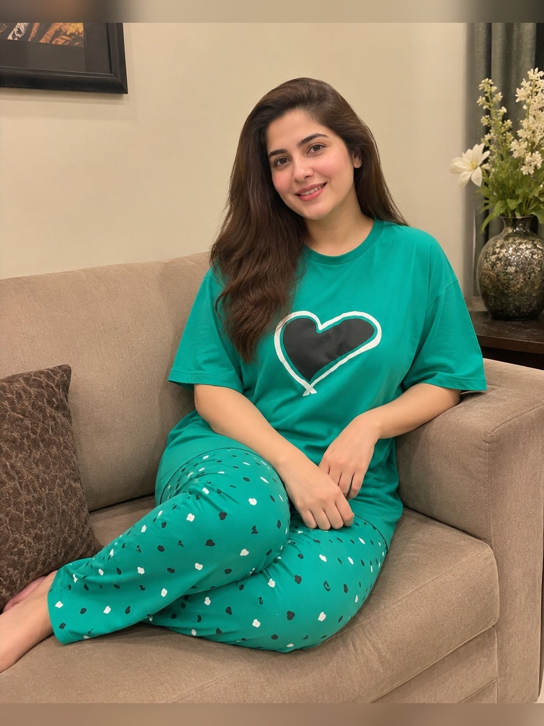 Ladies night suit pyjama set by The Style Studio – Emerald Heart Lounge Set – Green