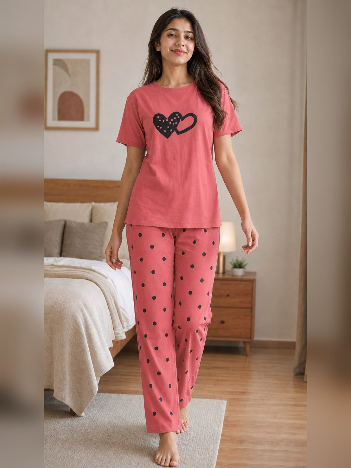 Ladies night suit pyjama set by The Style Studio – Sweetheart Polka Pyjama Set – Coral