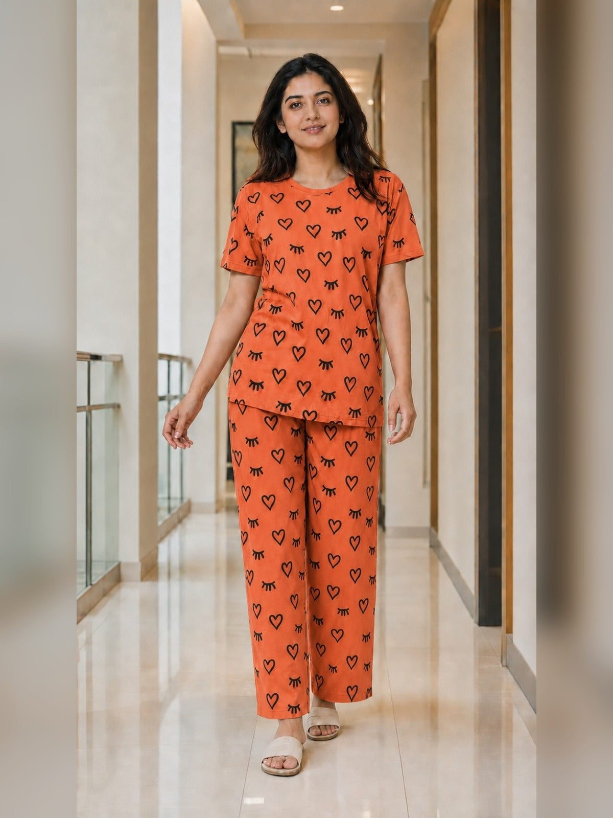 Ladies night suit pyjama set by The Style Studio – Hearts & Winks Pyjama Set – Tangerine