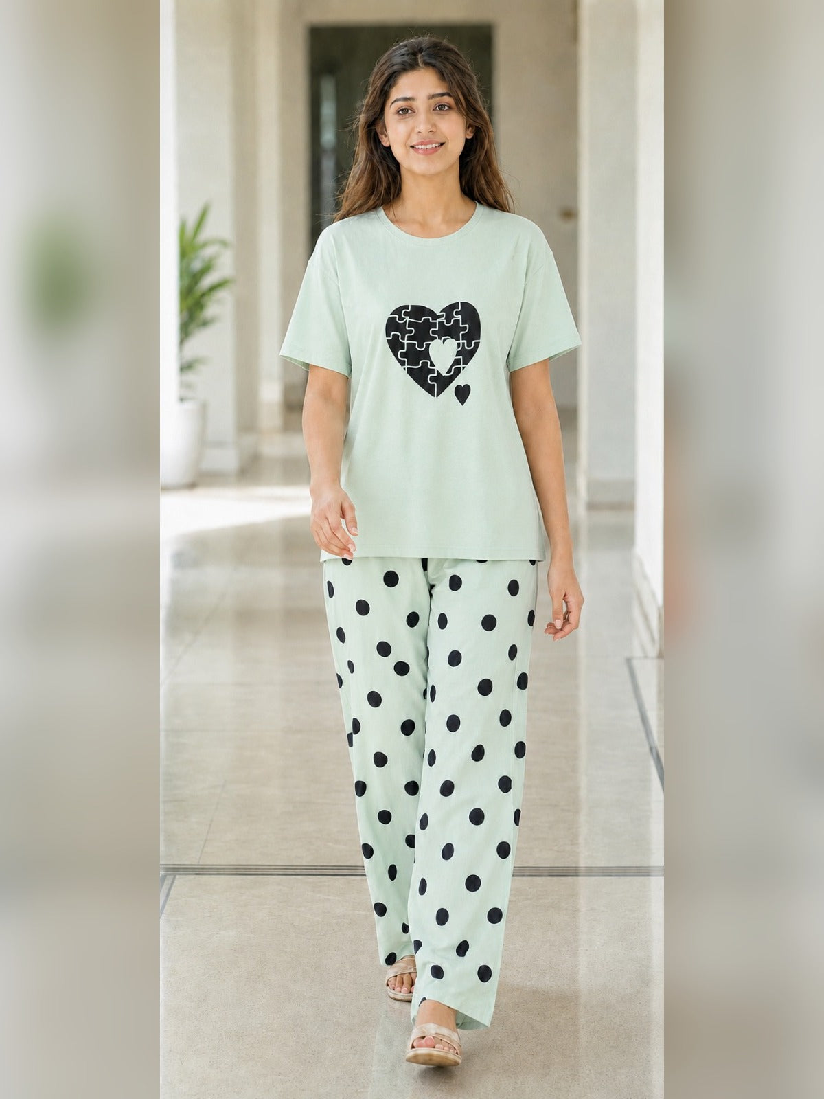 Ladies night suit pyjama set by Aaram Studio – Puzzle Heart Pyjama Set – Sage