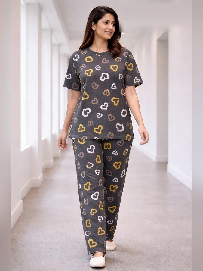 Ladies night suit pyjama set by Aaram Studio – Rainbow Hearts Pyjama Set – Charcoal