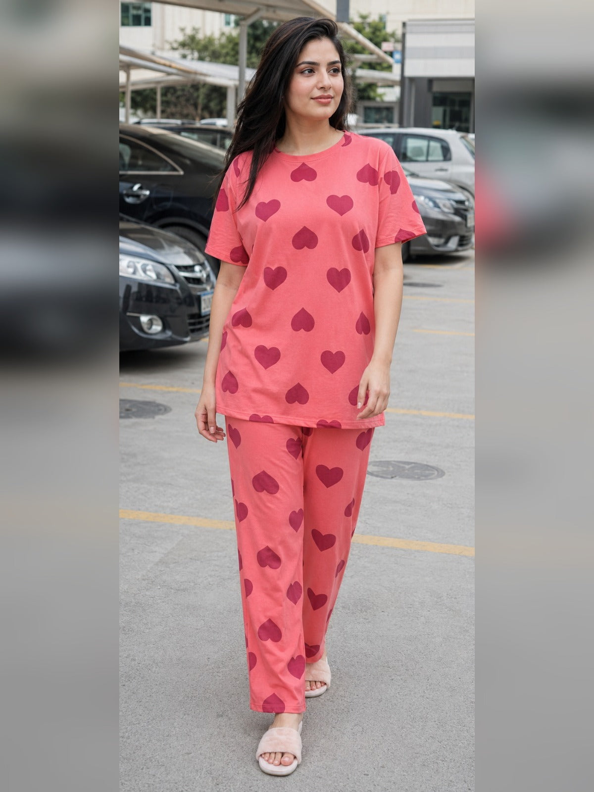 Ladies night suit pyjama set by Aaram Studio – Scattered Hearts Pyjama Set – Salmon
