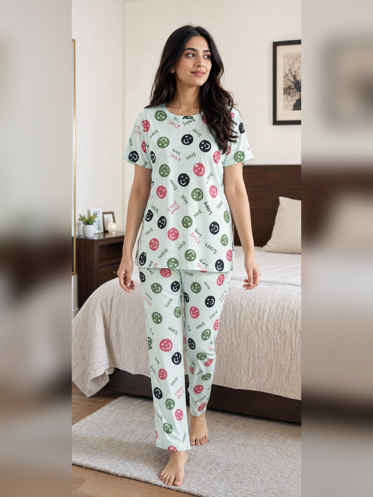 Ladies night suit pyjama set by Aaram Studio – Smiley Dots Pyjama Set – Mint