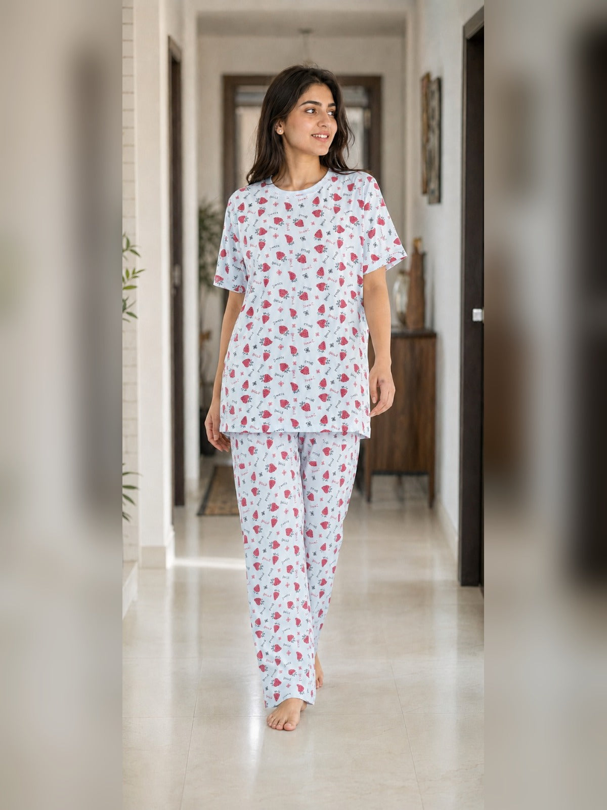 Ladies night suit pyjama set by Aaram Studio – Sweet Strawberry Pyjama Set – Powder Blue
